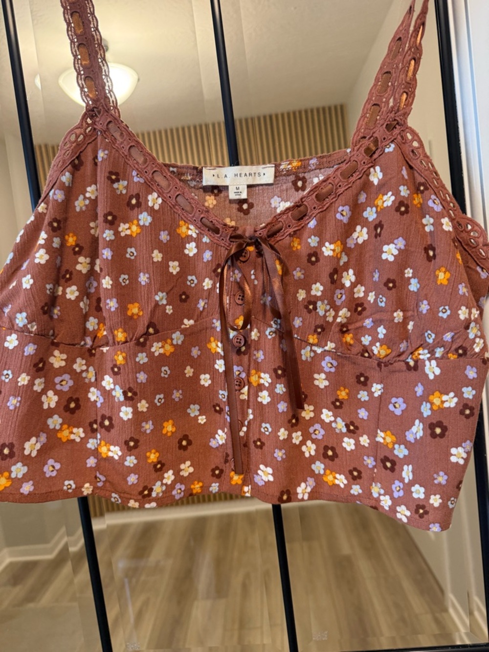 La Hearts Brown Floral Lace-Trim Cropped Cami